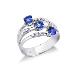 18k white gold band ring wave shaped with diamonds and blue sapphires 