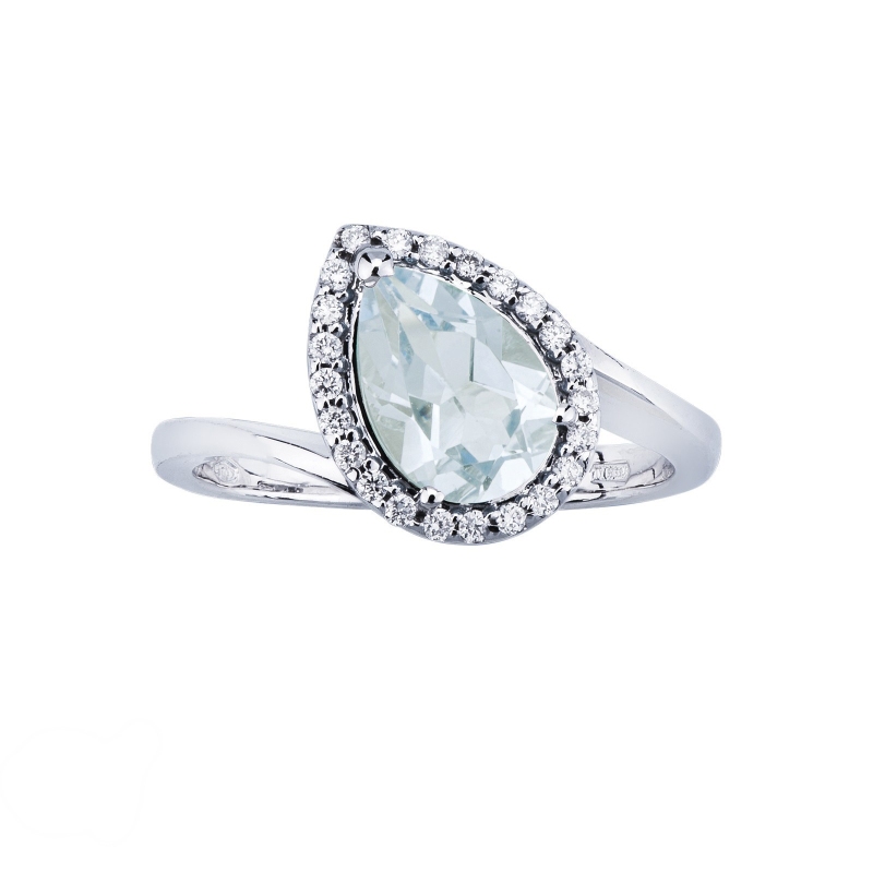 Anello acquamarina a goccia e diamanti a contorno in oro 18k