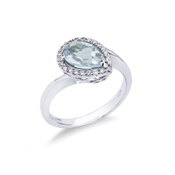 Anello acquamarina a goccia e diamanti a contorno in oro 18k