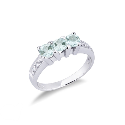 Anello trilogy in oro bianco 18k con diamanti e 3 acquemarine