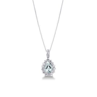 Collana in oro bianco 18k con pendente in acquamarina a goccia e diamanti