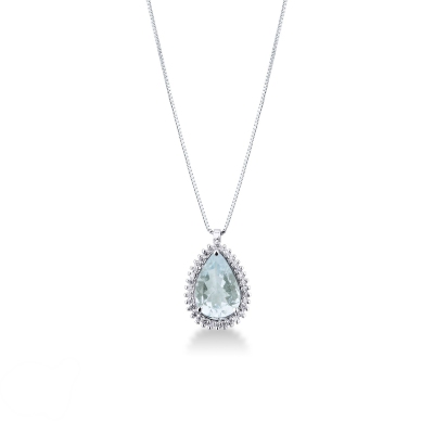 Necklace with pendant, pear cut aquamarine and diamonds