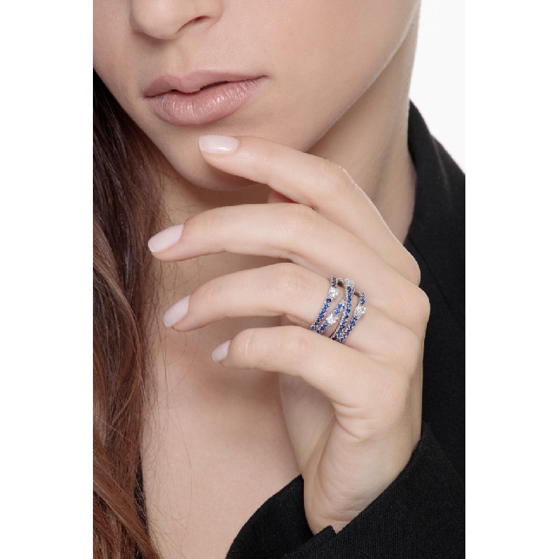 White gold 18k band ring with diamonds and blue sapphires 