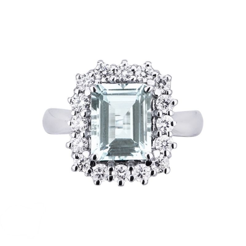 Diamond halo ring white gold 18k and aquamarine 