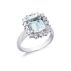 Diamond halo ring white gold 18k and aquamarine 