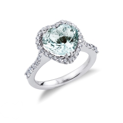 White gold 18k halo ring with aquamarine heart cut and diamonds 