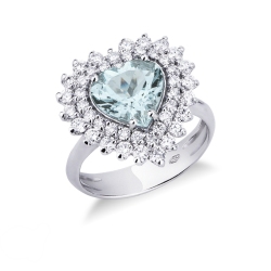 Halo ring with aquamarine heart cut and diamonds white gold 18k 