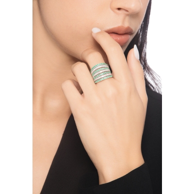 White gold 18k band ring with diamonds and emeralds 