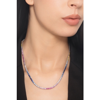 Collana tennis in oro bianco 750 con zaffiri multicolor rainbow