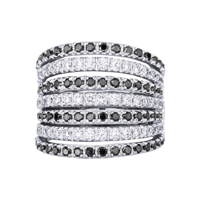 White gold 18k band ring with black and white diamonds 
