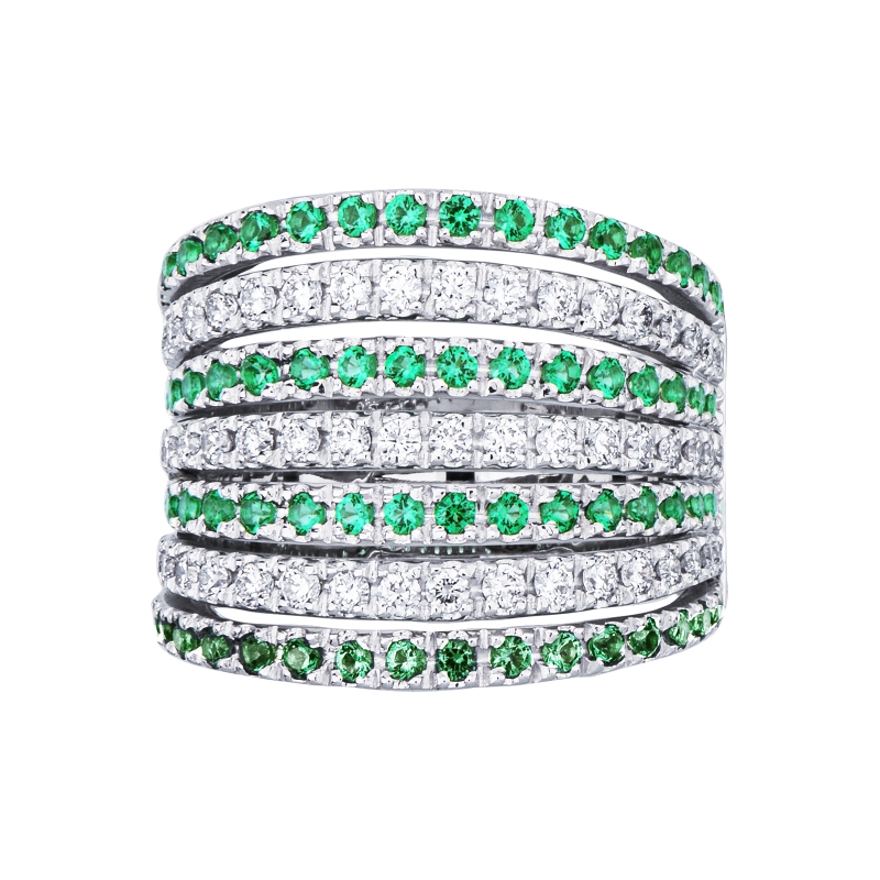 White gold 18k band ring with diamonds and emeralds 