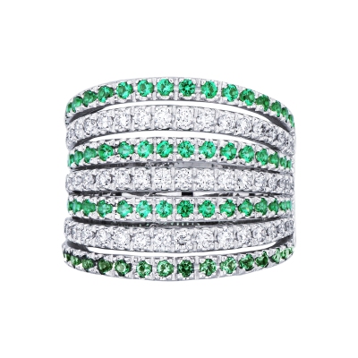 White gold 18k band ring with diamonds and emeralds 