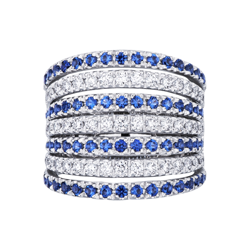 18k white gold band ring with blue sapphire and diamonds 