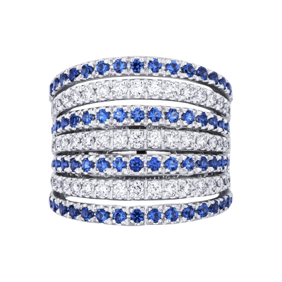 18k white gold band ring with blue sapphire and diamonds 