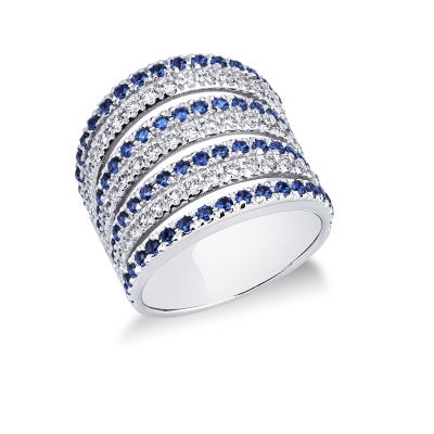 18k white gold band ring with blue sapphire and diamonds 