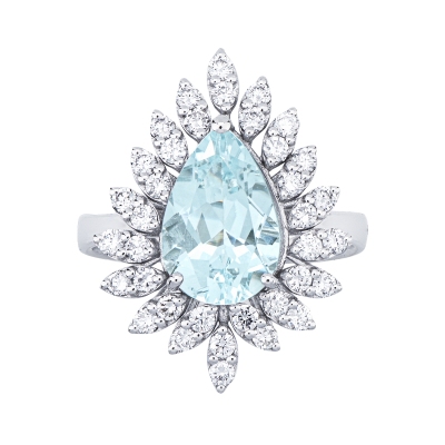 Anello in oro bianco 18k con acquamarina goccia e contorno in diamanti