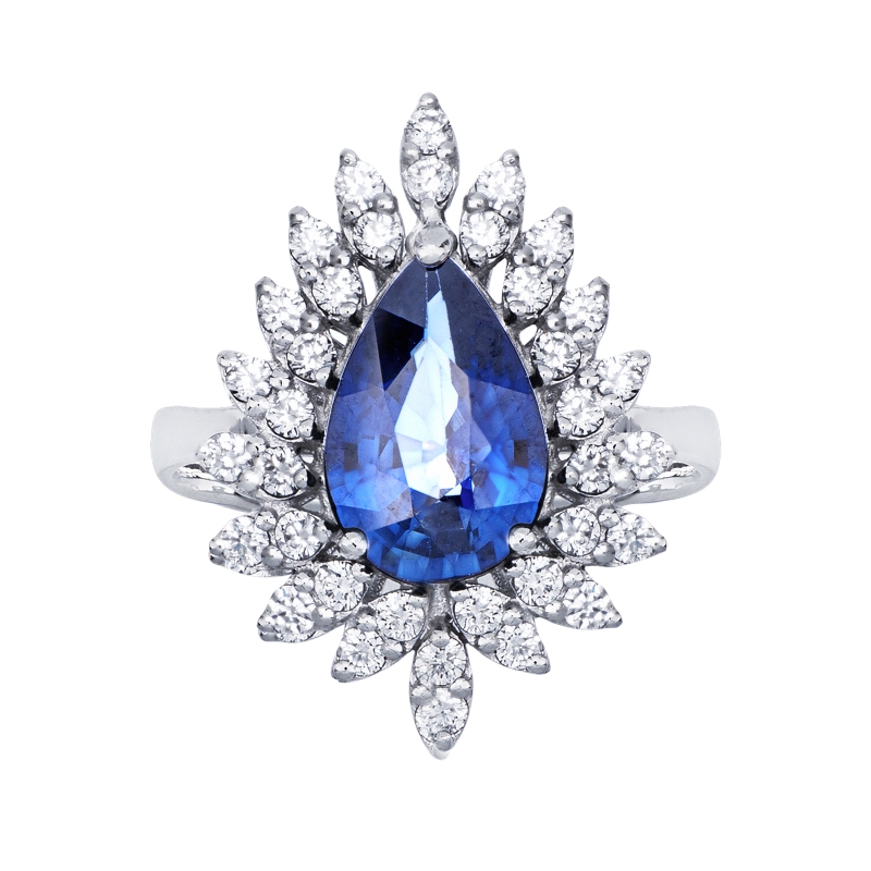 Anello in oro bianco 750 con zaffiro blu goccia e diamanti