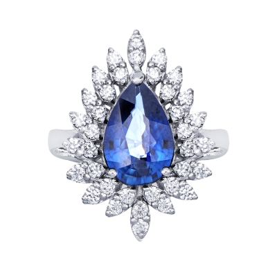 Anello in oro bianco 750 con zaffiro blu goccia e diamanti