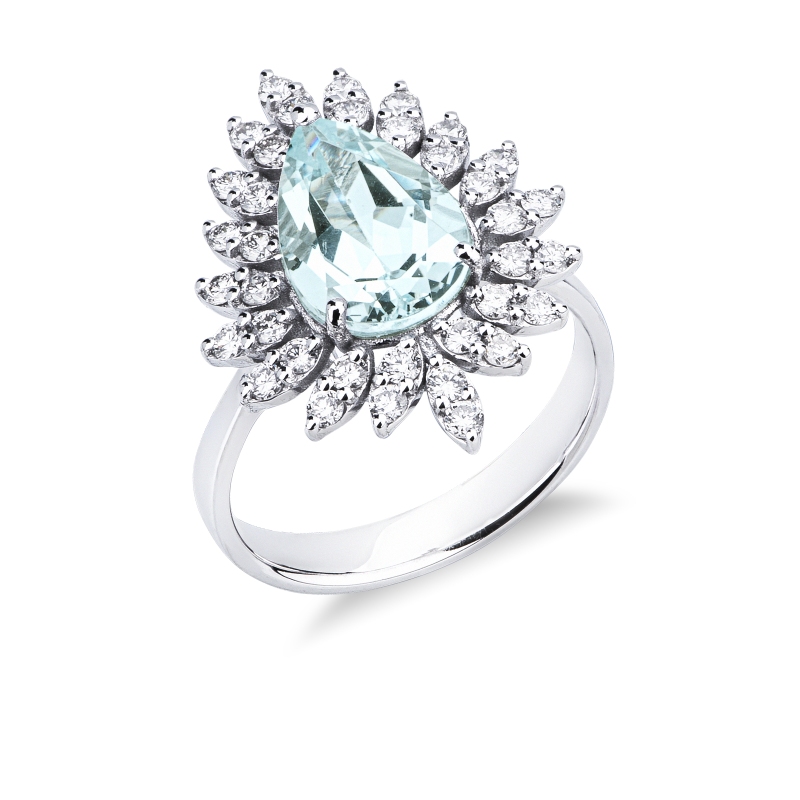 Anello in oro bianco 18k con acquamarina goccia e contorno in diamanti