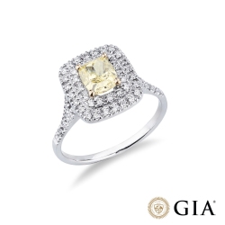 Anello con diamante taglio cushion fancy yellow 1.16ct GIA in oro bianco 18k