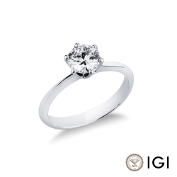 Anello solitario a 6 punte in oro bianco 18k con diamante, ct. 0,90