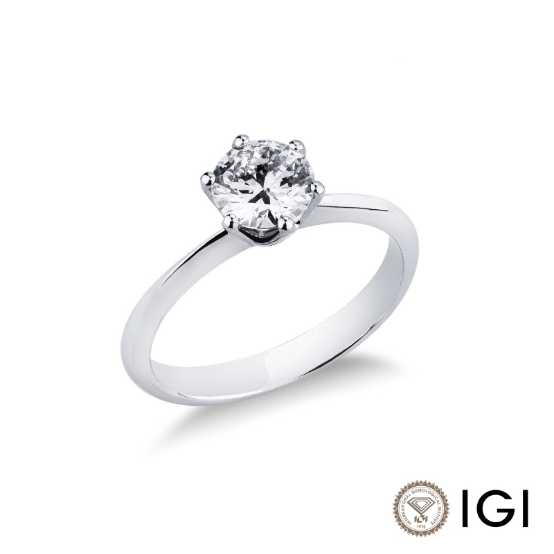 Anello solitario a 6 griffe in oro bianco 18k con diamante, ct. 1,00