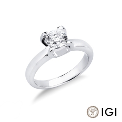 Anello solitario lineare a quattro griffe in oro bianco 18k con diamante, ct. 1,00