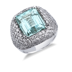 Anello con centrale in oro bianco 18k con acquamarina e diamanti