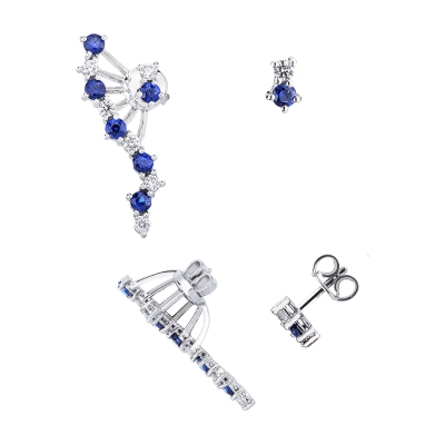 Orecchini asimmetrici design in oro bianco 18k con zaffiri blu e diamanti