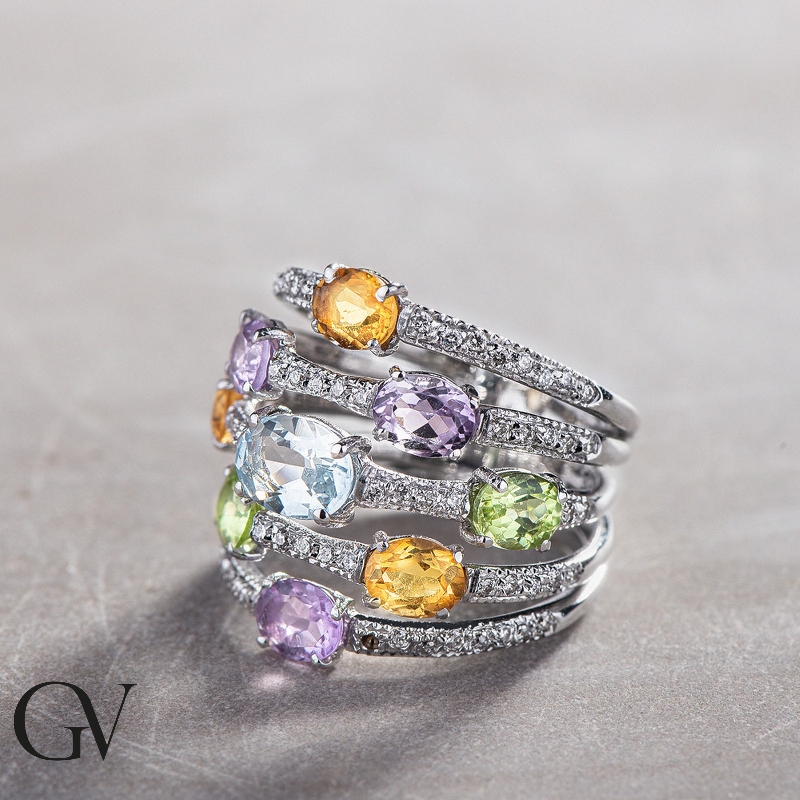 Anello a Fascia in Oro Bianco con Pietre Preziose Rainbow