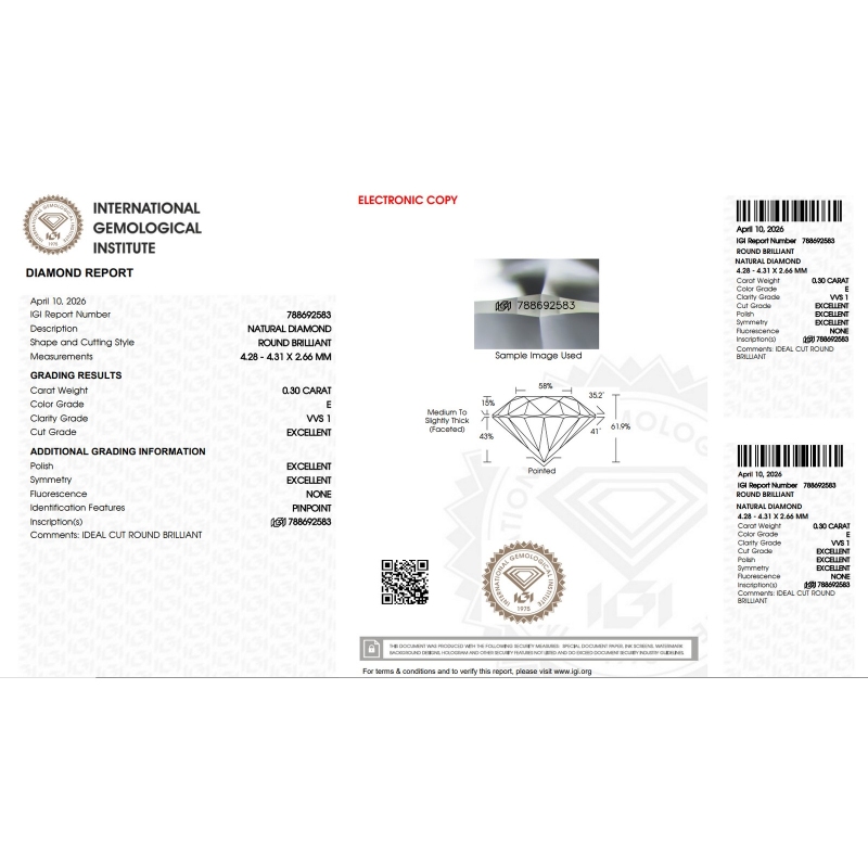 Diamante Certificato IGI   CT 0,30   E  VVS 1
