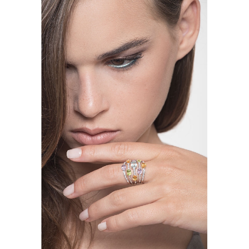 Anello a Fascia in Oro Bianco con Pietre Preziose Rainbow