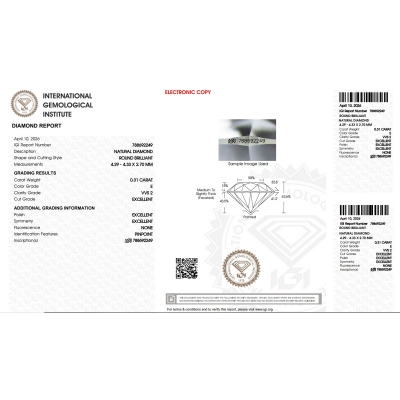 Diamante Certificato IGI   CT 0,31  E  VVS 2