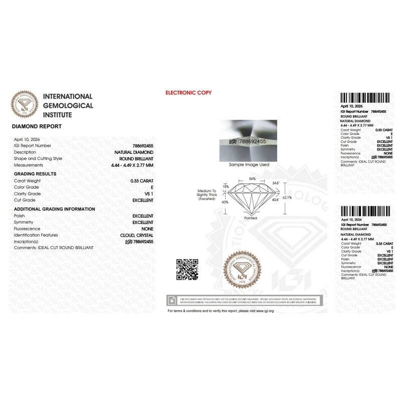 Diamante Certificato IGI   CT 0,33  E  VS 1