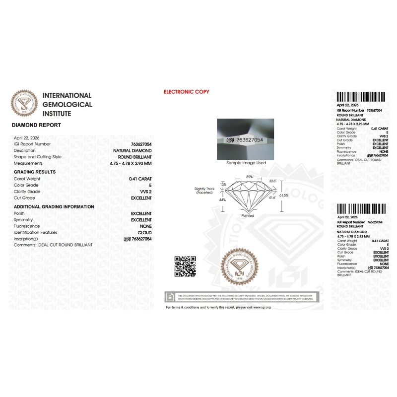 Diamante Certificato IGI   CT 0,41  E  VVS 2