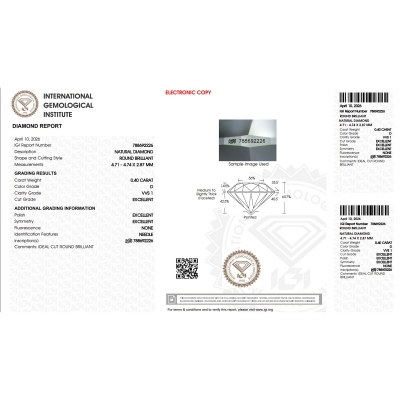 Diamante Certificato IGI   CT 0,40  D  VVS 1