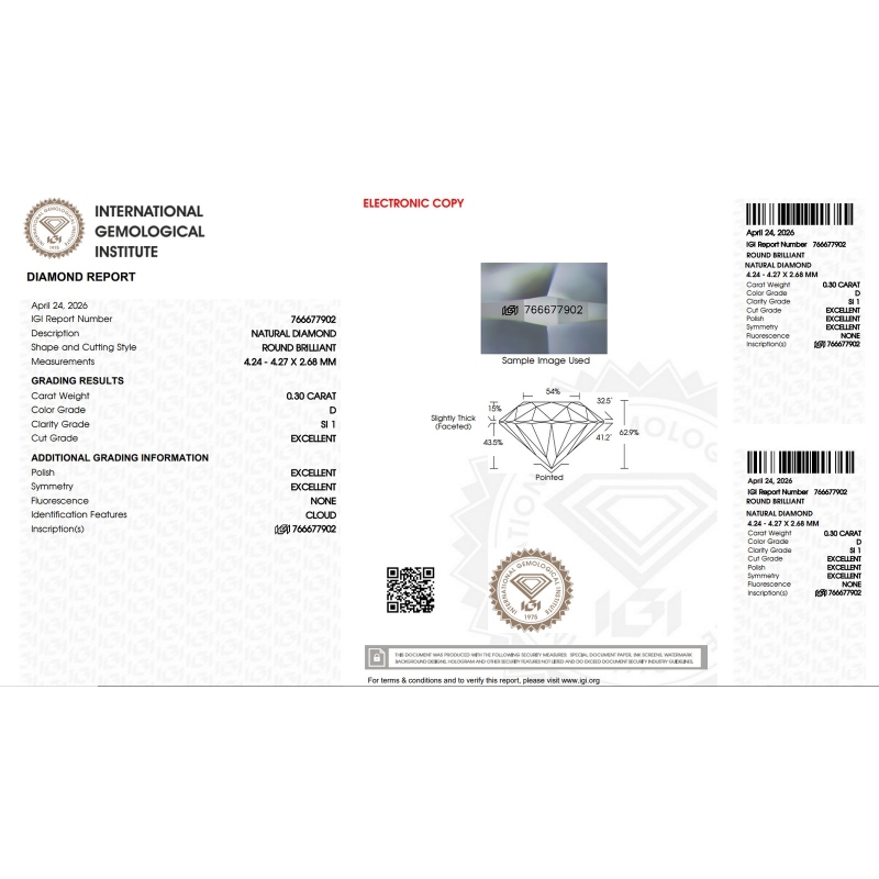 Diamante Certificato IGI   CT 0,30  D   SI 1