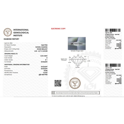 Diamante Certificato IGI   CT 0,30  D   SI 1