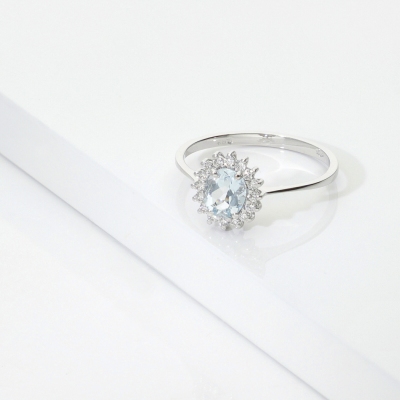 Anello contorno in oro bianco 750 con acquamarina e diamanti