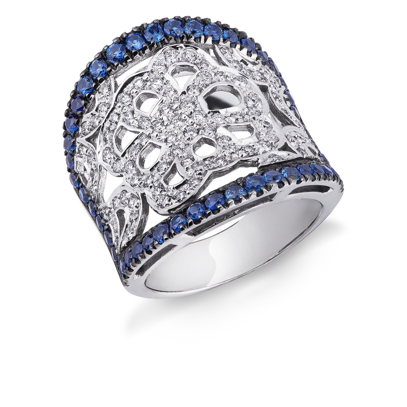 Embroided band ring with diamonds and blue sapphires in white gold 18k 