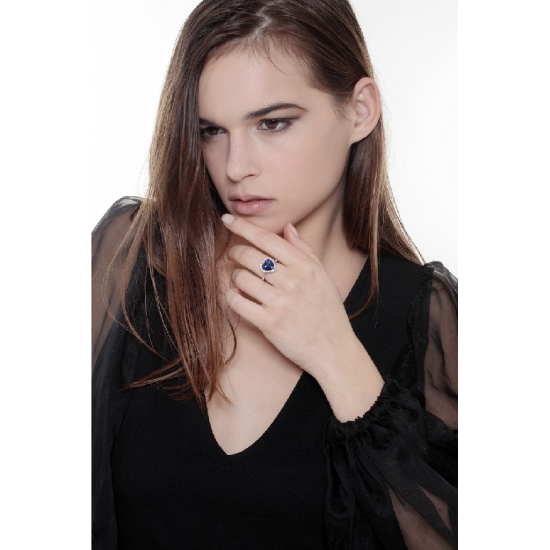 Halo ring white gold 18k with heart cut blue sapphire and diamonds shoulder set 