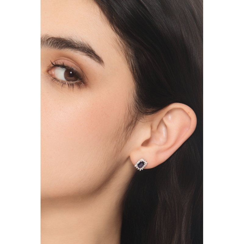 ORECCHINI CONTORNO CON 16BRILLANTI E ZAFFIRO RETTANGOLARE MM6X4