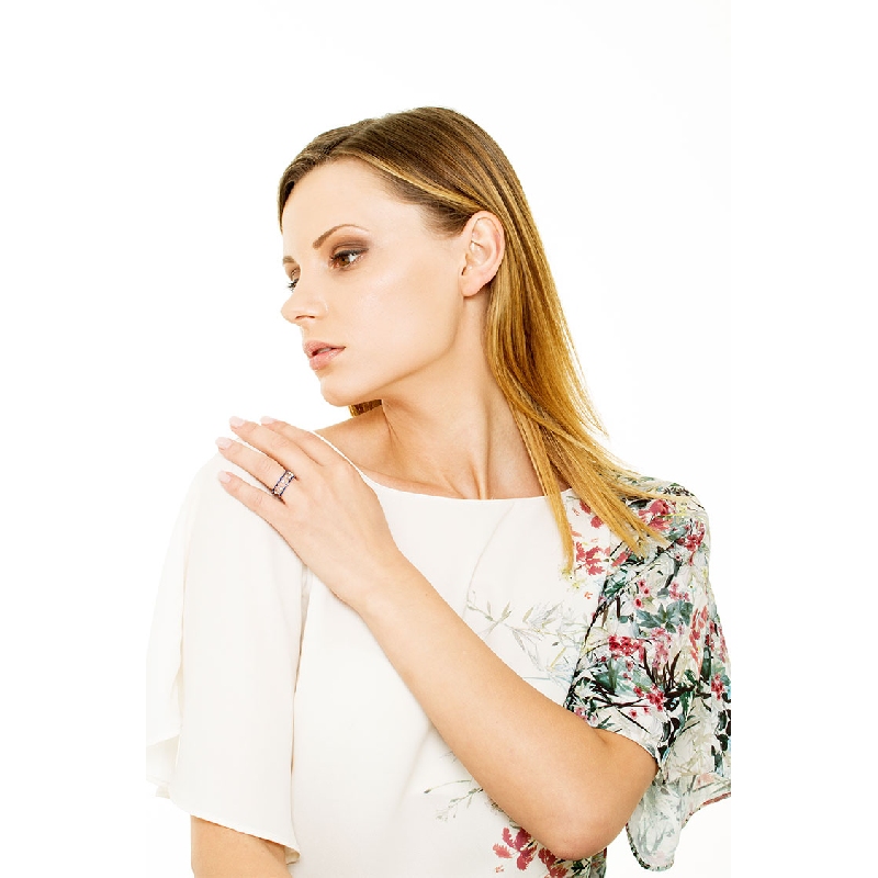 White gold 18k band ring with parallel arcs of blue sapphires and diamonds 