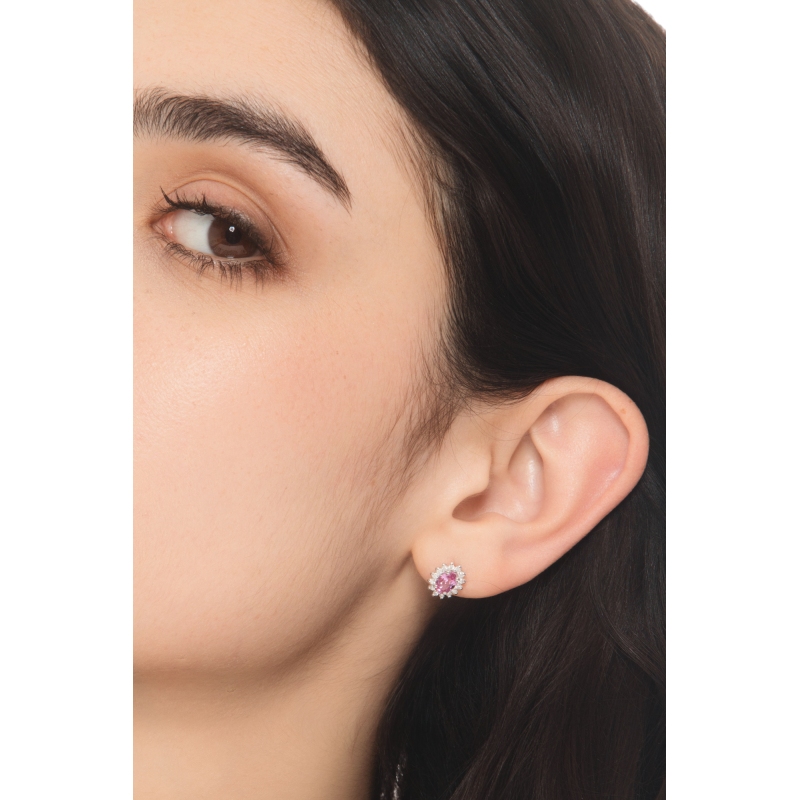 Orecchini in oro bianco 750 con diamanti e zaffiro rosa ovale