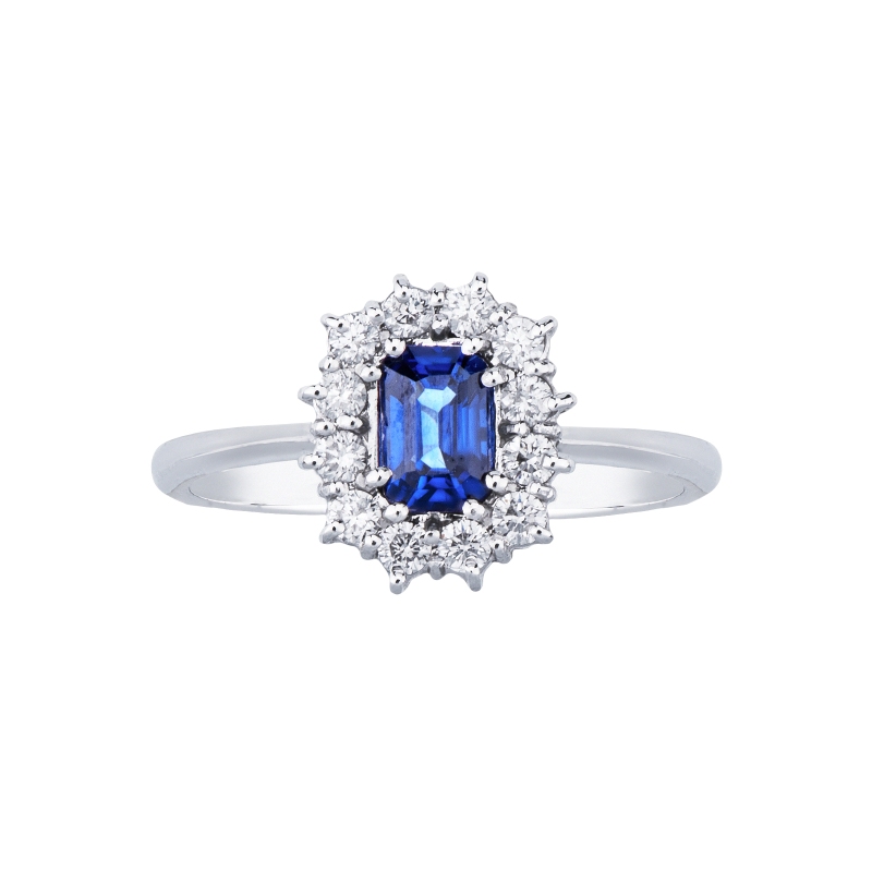 White gold 18k halo ring with diamonds and central blue sapphire 