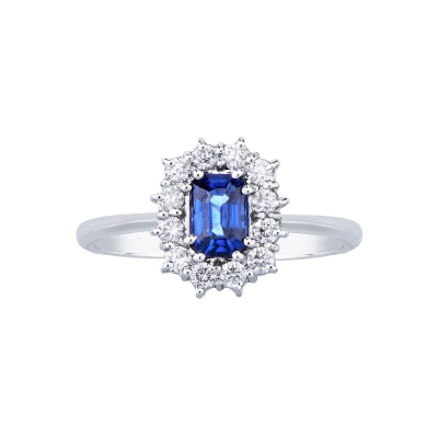 White gold 18k halo ring with diamonds and central blue sapphire 