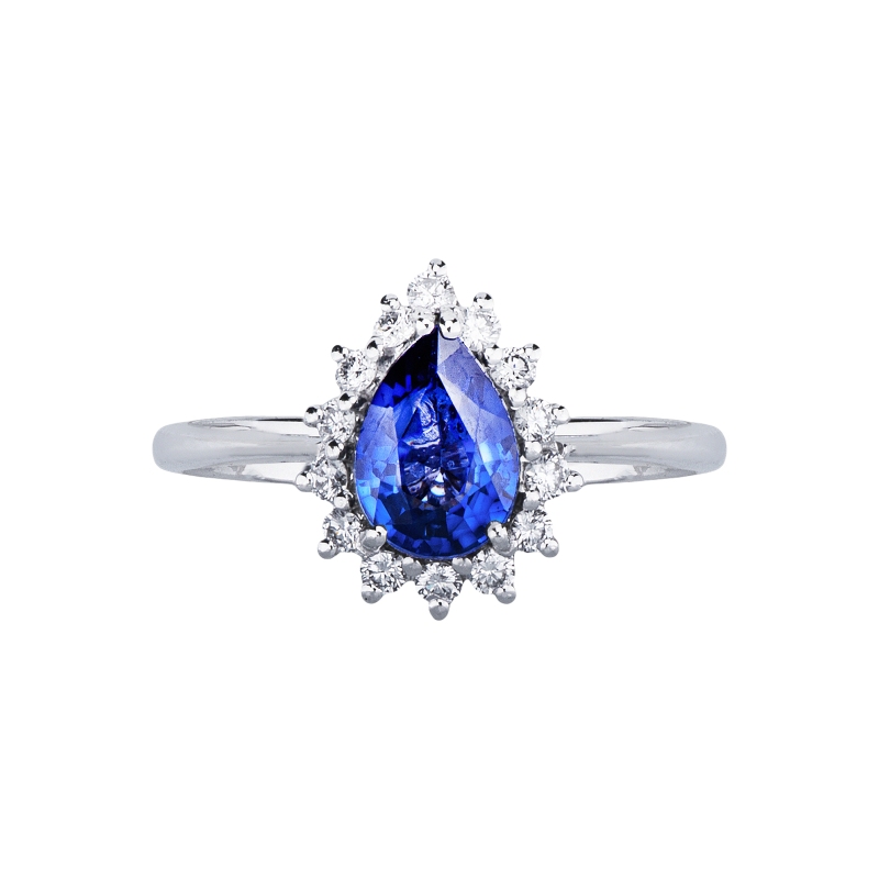 Anello contorno in oro bianco 750 con zaffiro blu e diamanti