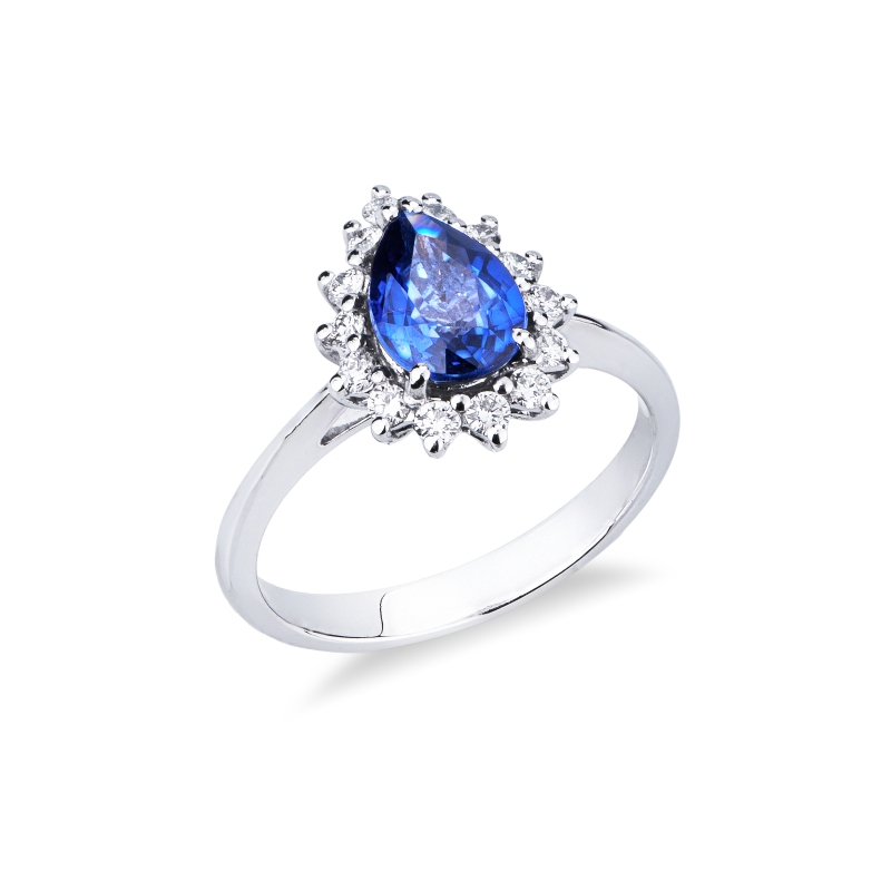 Anello contorno in oro bianco 750 con zaffiro blu e diamanti
