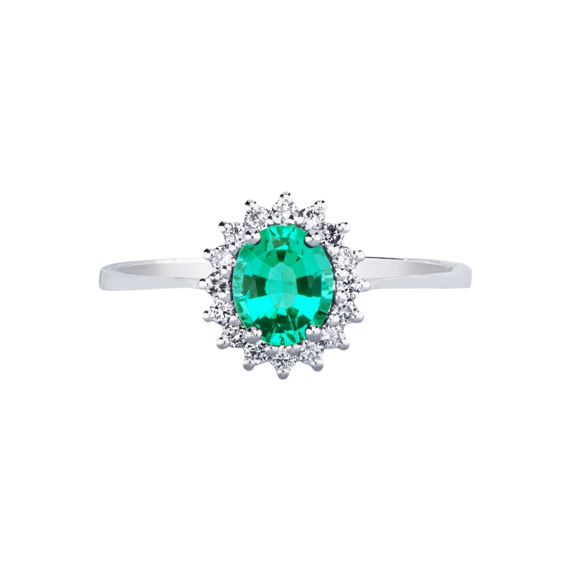 ANELLO CONTORNO CON 16BRILLANTI E SMERALDO TAGLIO OVALE MM6X5