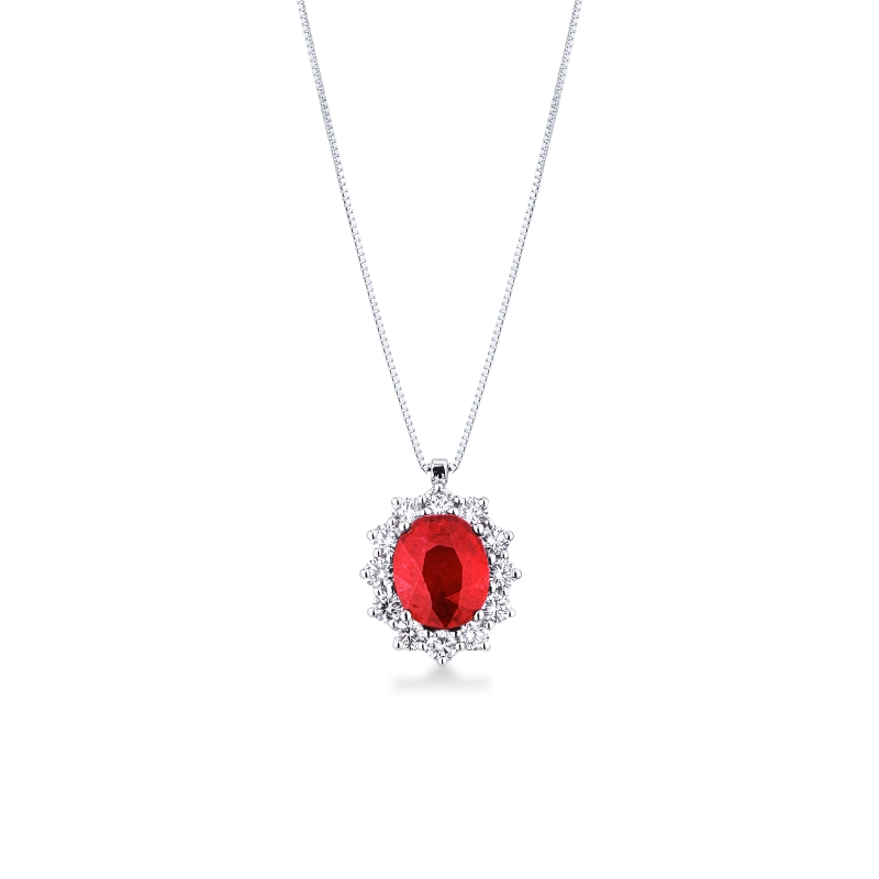 Collana in oro bianco 18k con rubino ovale e contorno in diamanti